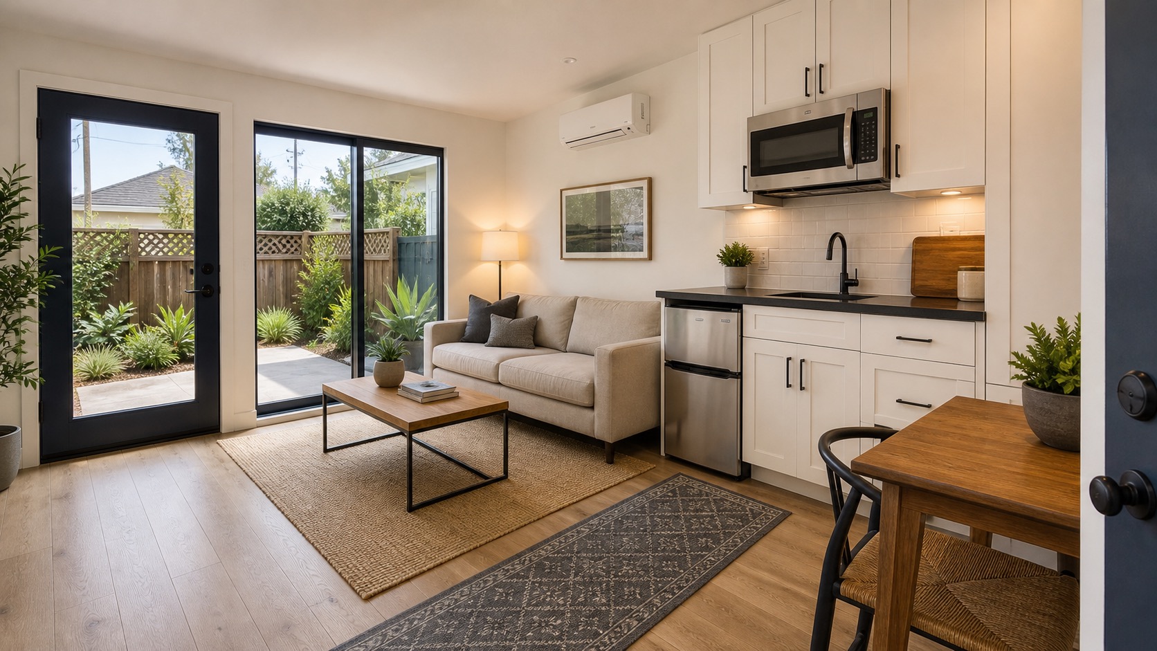 Converted garage ADU interior with a compact living area and kitchenette.