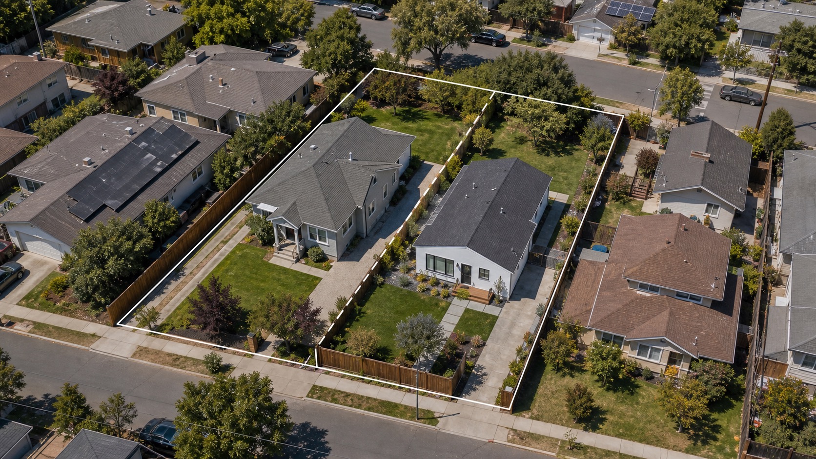 Aerial view of a California residential lot with a subtle lot-split planning overlay.