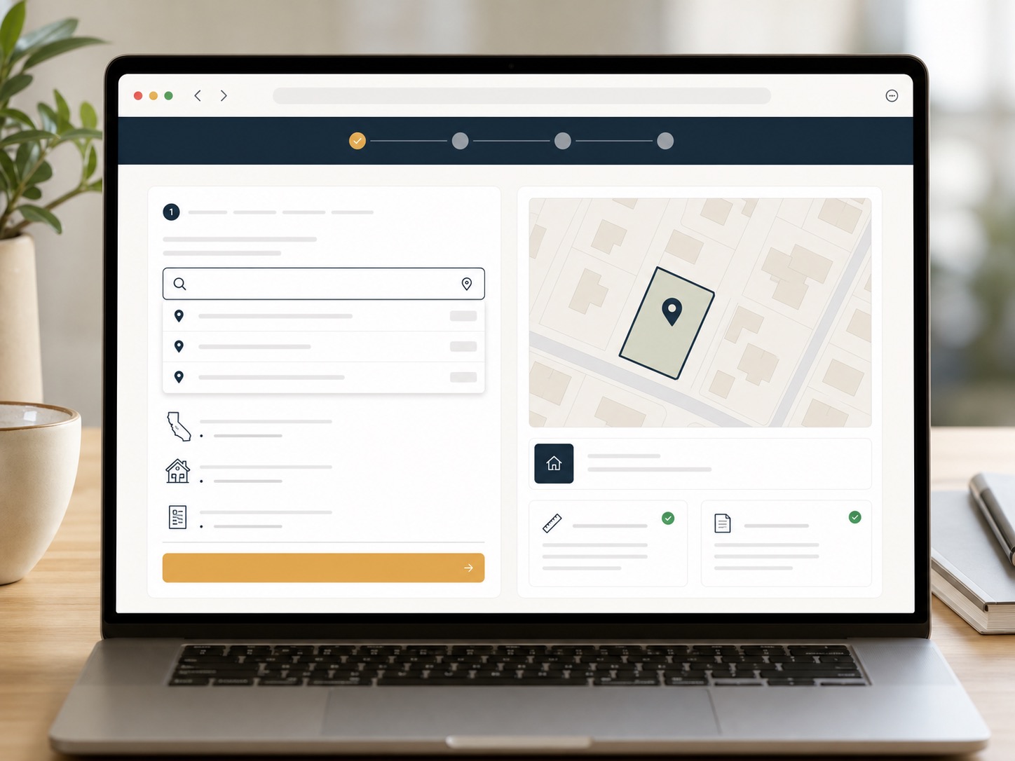 Address search interface with a parcel map preview for an ADU feasibility check.