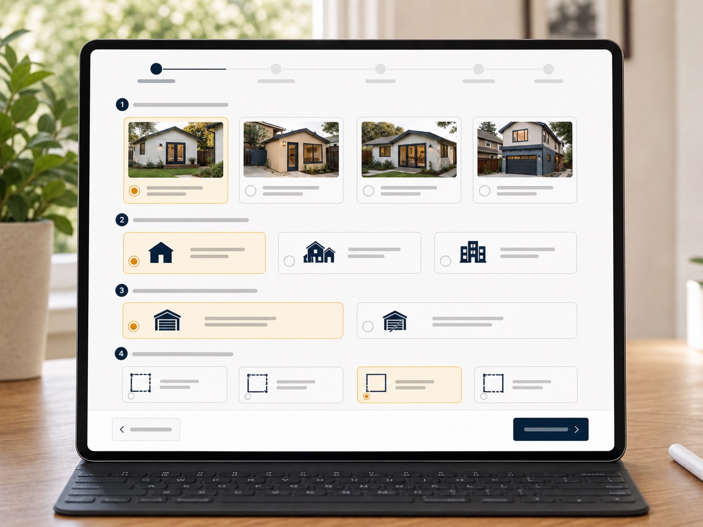 Guided ADU feasibility questionnaire with large homeowner-friendly answer cards.