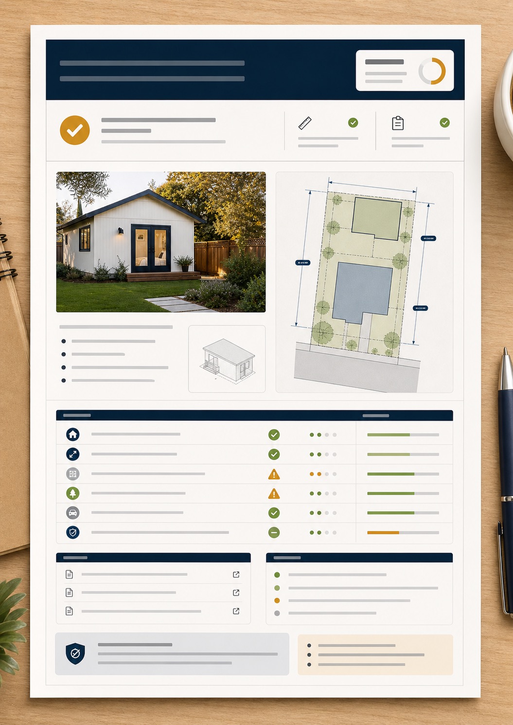 Preliminary ADU feasibility report preview with a parcel diagram and zoning checklist.