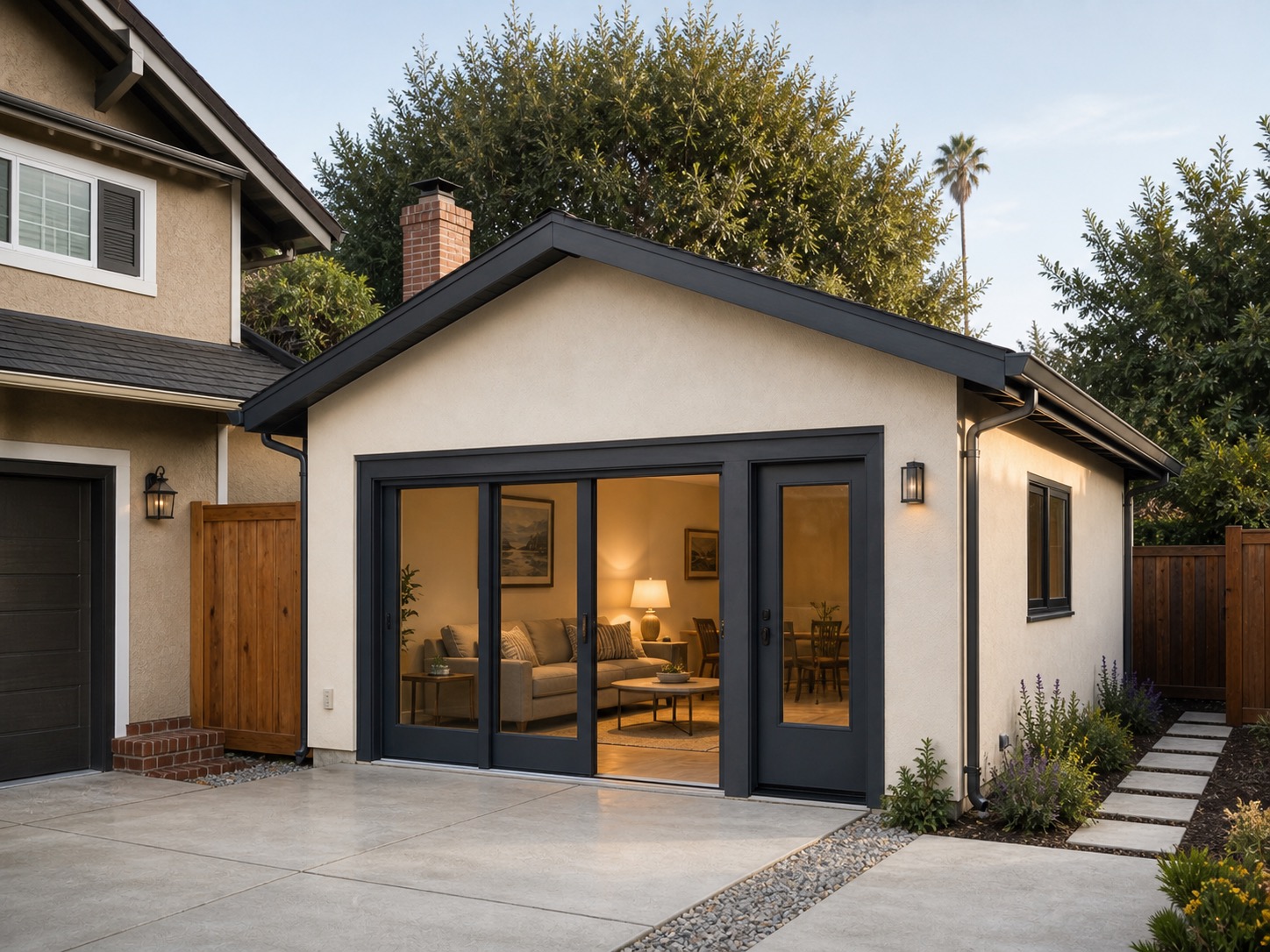 Residential garage converted into a small California ADU beside a driveway.