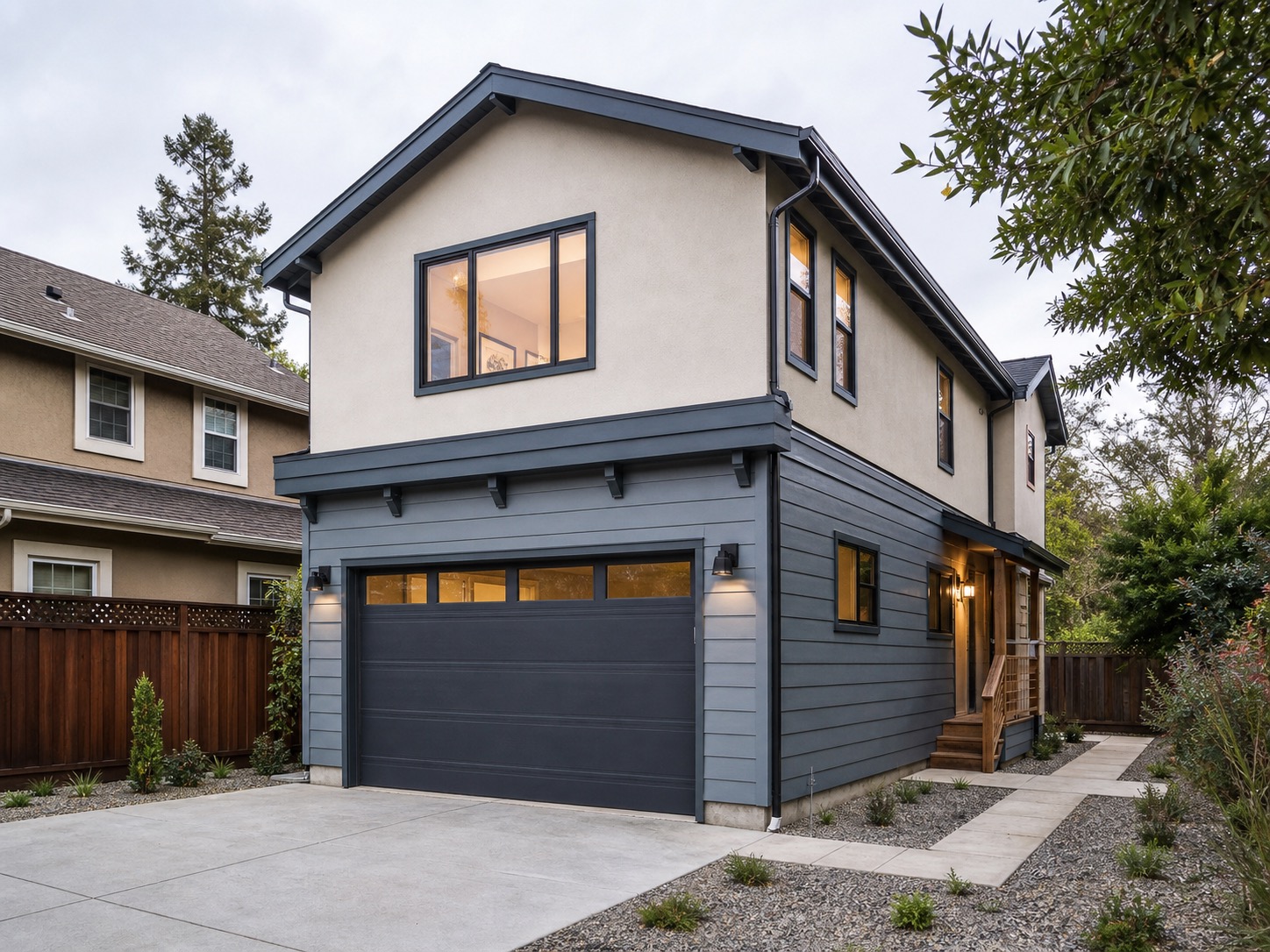Two-story ADU over a garage on a California residential lot.